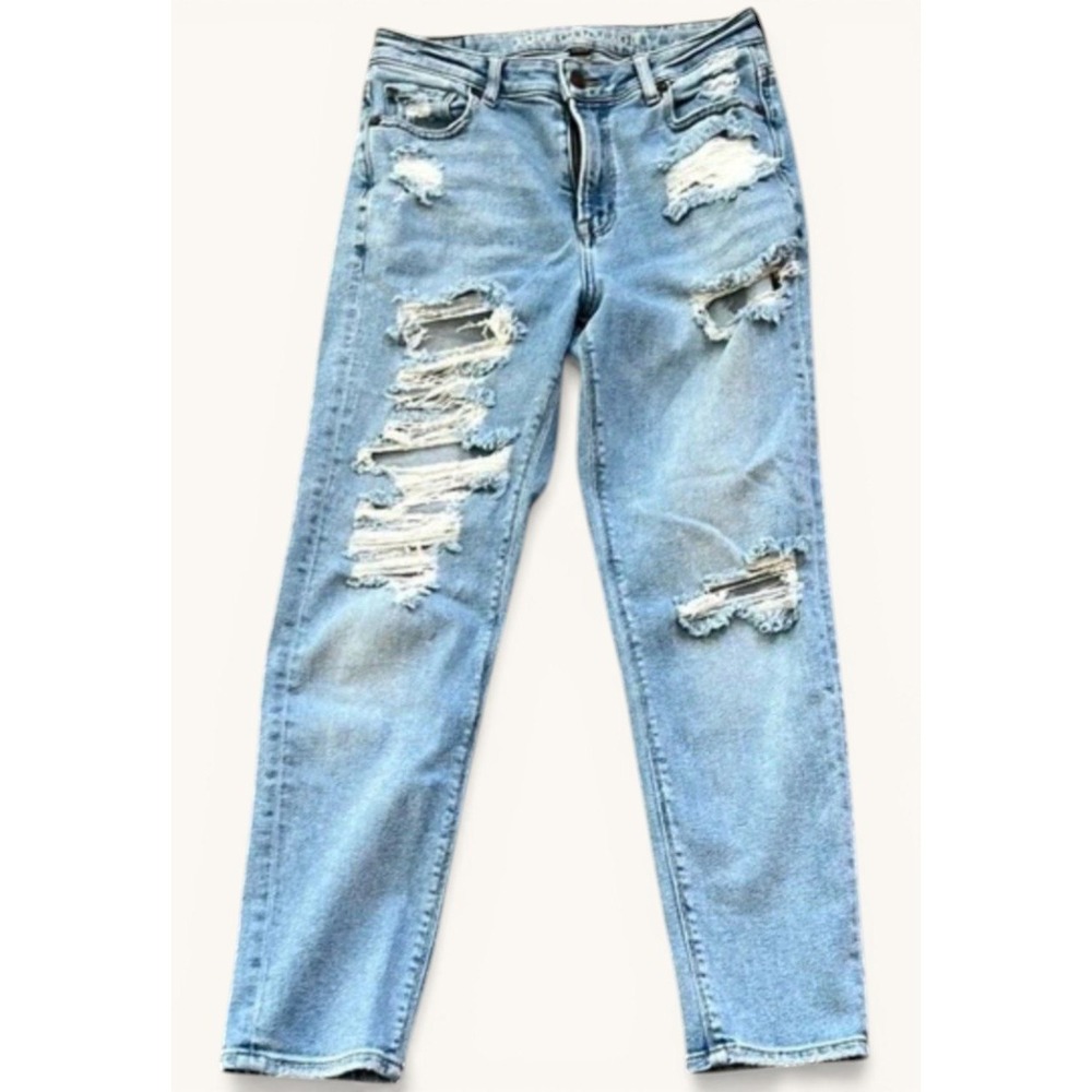American Eagle Mom Jeans Women's 4 High Rise Distressed Stretch Denim Blue